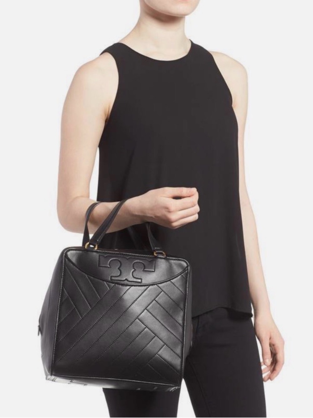 Tory Burch Black Quilted Leather Satchel with Top Handles